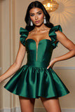 Dark Green Ruffle Sleeve Satin Homecoming Dress