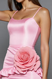Pink Ruffled Satin Tight Homecoming Dress with 3D Flower