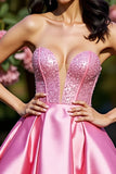 Beaded Strapless A Line Satin Pink Homecoming Dress