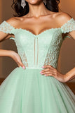 Light Green Off The Shoulder Corset Homecoming Dress with Appliques