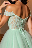 Light Green Off The Shoulder Corset Homecoming Dress with Appliques