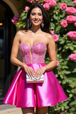 Beaded Satin Fuchsia Strapless Homecoming Dress