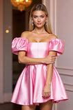 Off The Shoulder Pink Satin Homecoming Dress with Puff Sleeves