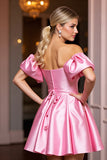 Off The Shoulder Pink Satin Homecoming Dress with Puff Sleeves