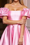 Off The Shoulder Pink Satin Homecoming Dress with Puff Sleeves