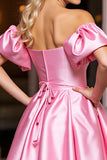 Off The Shoulder Pink Satin Homecoming Dress with Puff Sleeves