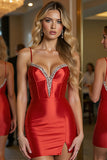 Red Beaded Bodycon Satin Homecoming Dress with Slit