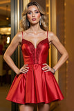 Red Beaded A Line Satin Homecoming Dress