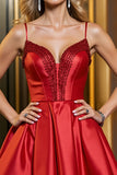 Red Beaded A Line Satin Homecoming Dress