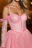 Pink Cold Shoulder Long Sleeve Homecoming Dress with Appliques