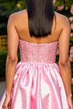 Strapless A Line Satin Pink Homecoming Dress with Beading
