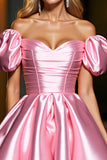 Pink Off The Shoulder A Line Satin Homecoming Dress
