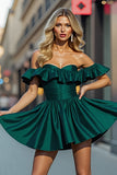 Off The Shoulder Dark Green Ruffled Homecoming Dress