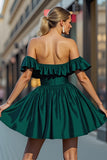 Off The Shoulder Dark Green Ruffled Homecoming Dress