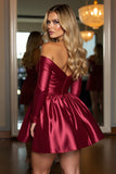 Off The Shoulder Burgundy Satin Homecoming Dress with Sequins