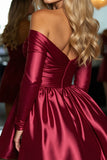 Off The Shoulder Burgundy Satin Homecoming Dress with Sequins
