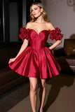 Off The Shoulder Burgundy Satin Homecoming Dress
