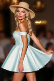 Off The Shoulder Green Satin Homecoming Dress