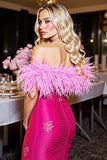 Fuchsia Strapless Ruched Homecoming Dress with Feathers
