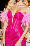 Fuchsia Strapless Ruched Homecoming Dress with Feathers