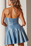 Strapless Blue A Line Satin Homecoming Dress