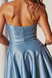 Strapless Blue A Line Satin Homecoming Dress