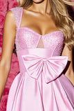 Pink A Line Satin Homecoming Dress with Bow