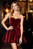 Velvet Strapless A Line Burgundy Homecoming Dress