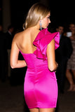 One Shoulder Fuchsia Bodycon Ruffled Homecoming Dress