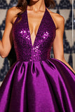 Halter Dark Purple Satin Homecoming Dress with Sequins