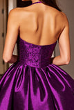 Halter Dark Purple Satin Homecoming Dress with Sequins