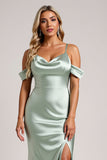 Satin Cold Shoulder Sage Green Bridesmaid Dress with Slit