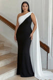 Black and White One Shoulder Plus Size Maxi Formal Dress