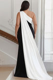 Black and White One Shoulder Plus Size Maxi Formal Dress