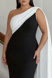 Black and White One Shoulder Plus Size Maxi Formal Dress