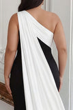 Black and White One Shoulder Plus Size Maxi Formal Dress