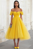 Yellow Off The Shoulder A Line Tulle Wedding Guest Dress