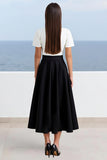 Black A Line V-Neck Midi Work Dress with Short Sleeves