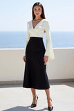 Black And Ivory A Line Midi Work Dress with Long Sleeves