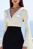 Black And Ivory A Line Midi Work Dress with Long Sleeves