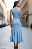 Sky Blue Ruffled Ruched Work Dress