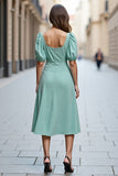 Ruffled A Line Mint Green Square Neck Work Dress