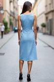 Sky Blue Ruffled Sheath Work Dress with Slit