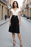 Ivory and Black A Line Midi Work Dress with Belt