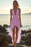 White Deep V-Neck High Low Chiffon Beach Engagement Dress