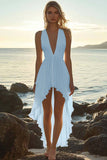 White Deep V-Neck High Low Chiffon Beach Engagement Dress
