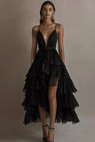 Ruffled Tiered Chiffon High Low Black Tie Dress