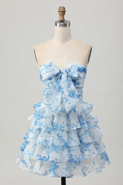 Strapless White Blue Flower Tiered A Line Homecoming Dress with Bow