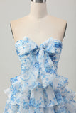 Pink Flower A Line Tiered Strapless Homecoming Dress with Bow