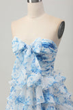 Strapless White Blue Flower Tiered A Line Homecoming Dress with Bow